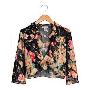Evan Picone Vintage Semi Sheer Colorful Garden Floral Ruffle Trim Bolero Jacket
